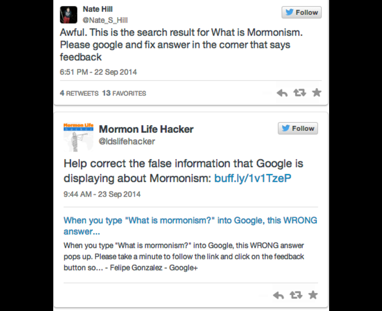 La definición que da Google del Mormonismo enfureció a miles en los medios sociales