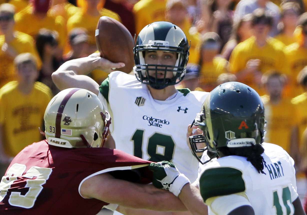 Colorado State quarterback Garrett Grayson (18) throws a pass to running back Dee Hart (10) as Boston College defensive end Kevin Kavalec (93) rushes during the first quarter of their NCAA college football game Saturday.