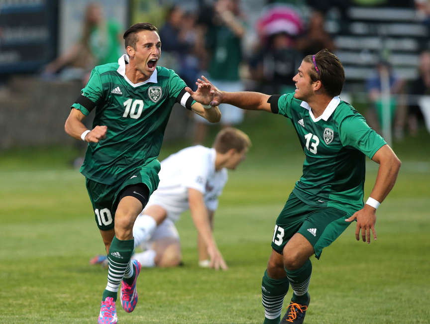 UVU midfielders Lucas Cawley, right, and Karson Payton celebrate the first goal in Wolverines men's soccer history against UMass. Cawley, who is playing with PDL club Las Vegas this summer, helped the Mobsters to a 2-2 draw at BYU on Tuesday night. (Deseret News file photo)