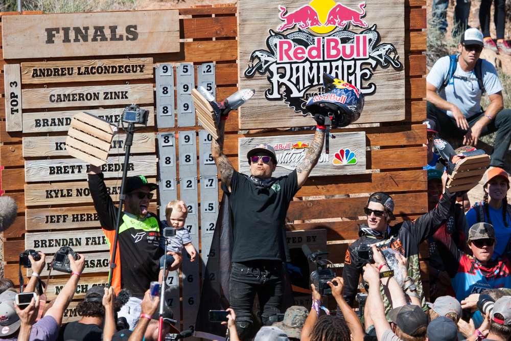 Andreu Lacondeguy of Spain taking 1st place, USA rider Cam Zink with 2nd, and Canadian rider Brandon Semenuk placing third (Photo: Stephan Bergen)