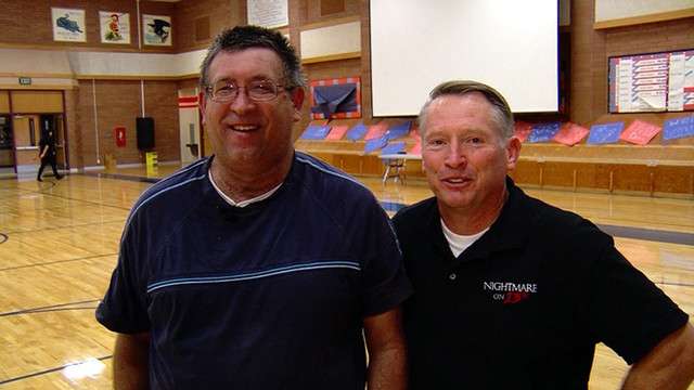 Steven Duggar (left) and Val Chadwick Bagley (right) give a presentation in schools as part of an anti-bullying campaign in Utah.