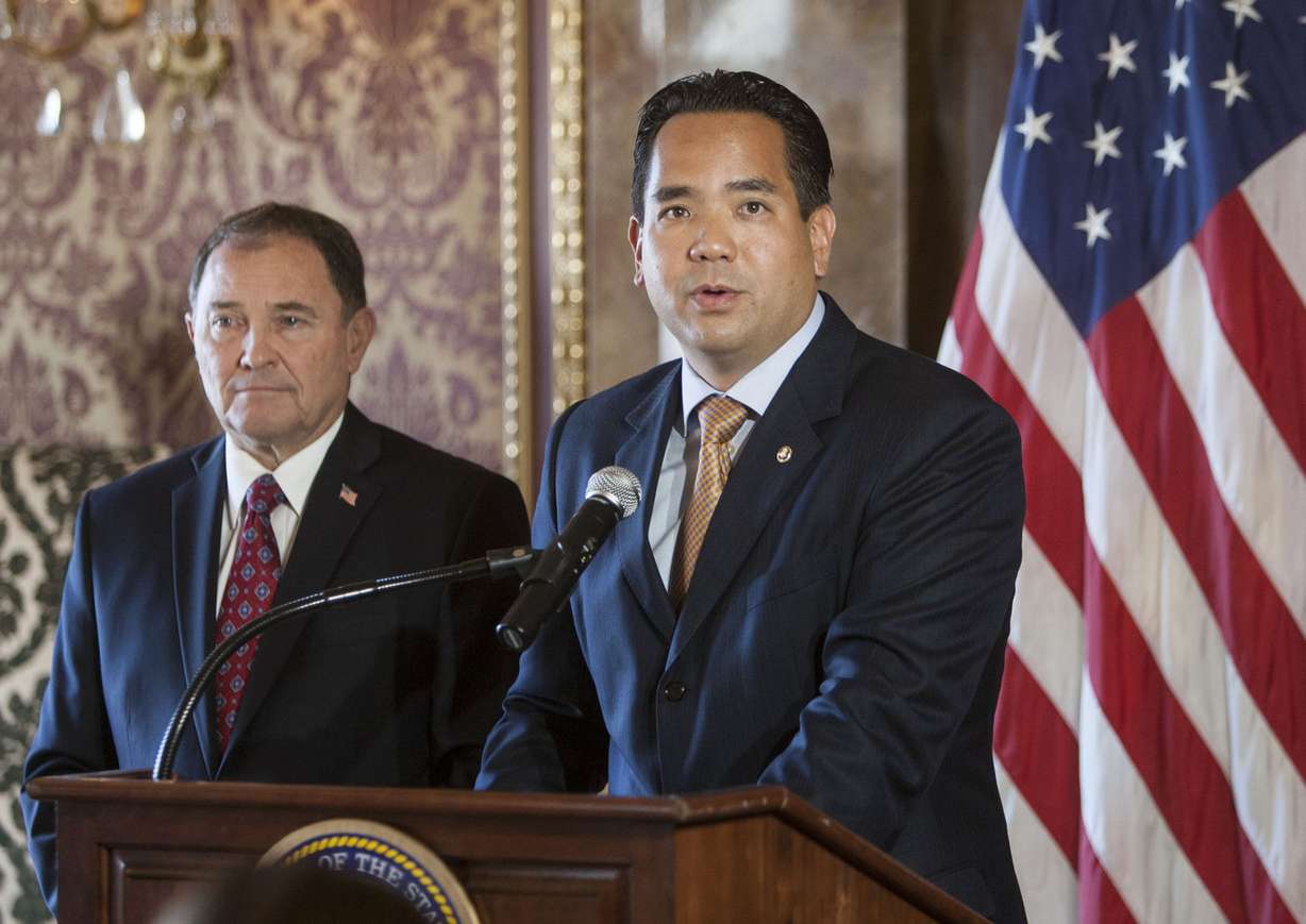 Utah Gov. Gary Herbert and Attorney General Sean Reyes speak Monday, Oct. 6, 2014, to members of the media at the state Capitol after the U.S. Supreme Court refused to hear appeals on lower court rulings that allowed same-sex marriages, making them legal in Utah and other states.