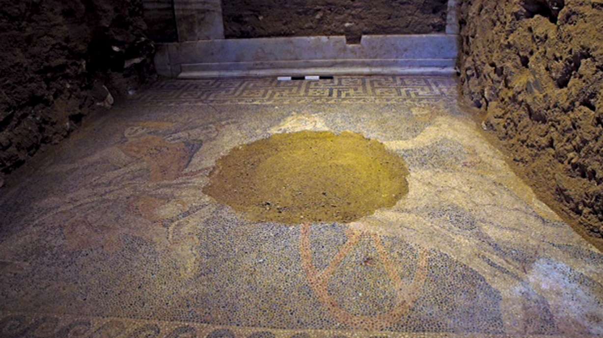 Large mosaic in ancient tomb uncovered in Greece