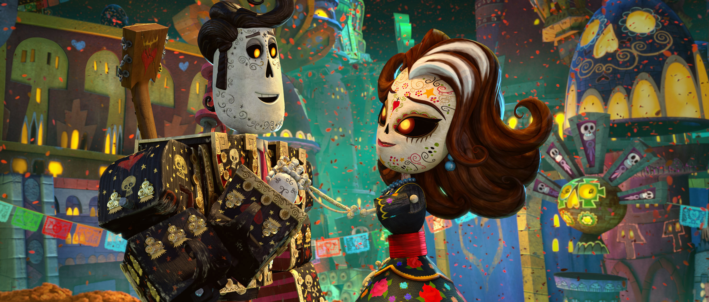 This image released by Twentieth Century Fox shows the characters Manolo, voiced by Diego Luna, left, and Carmen Sanchez, voiced by Ana de la Reguera in a scene from "The Book of Life." (AP Photo/Twentieth Century Fox)
