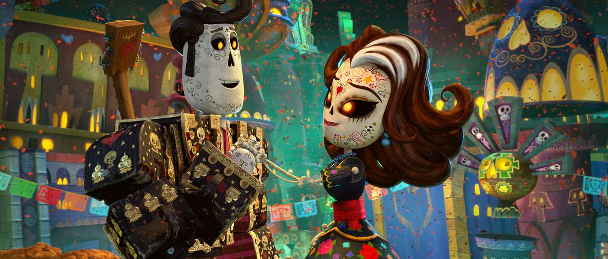 This image released by Twentieth Century Fox shows the characters Manolo, voiced by Diego Luna, left, and Carmen Sanchez, voiced by Ana de la Reguera in a scene from "The Book of Life." (AP Photo/Twentieth Century Fox)