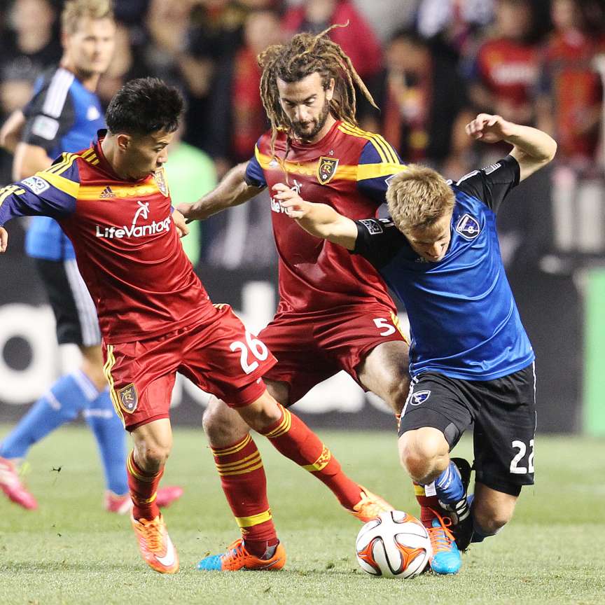 RSL's Sebastian Velasquez takes the ball away from Tommy Thompson as Real Salt Lake and the San Jose Earthquakes play Saturday, Oct. 11, 2014, at Rio Tinto Stadium in Sandy. (Photo: Scott G Winterton/Deseret News)