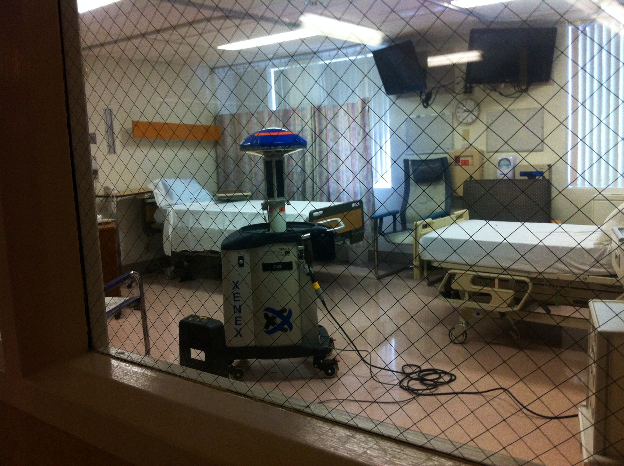 Xenex, the germ zapping robot, currently used at St Joseph Hospital in Orange, California. When in use, provides powerful UV disinfection that doctors say will kill the Ebola virus. (CNN).