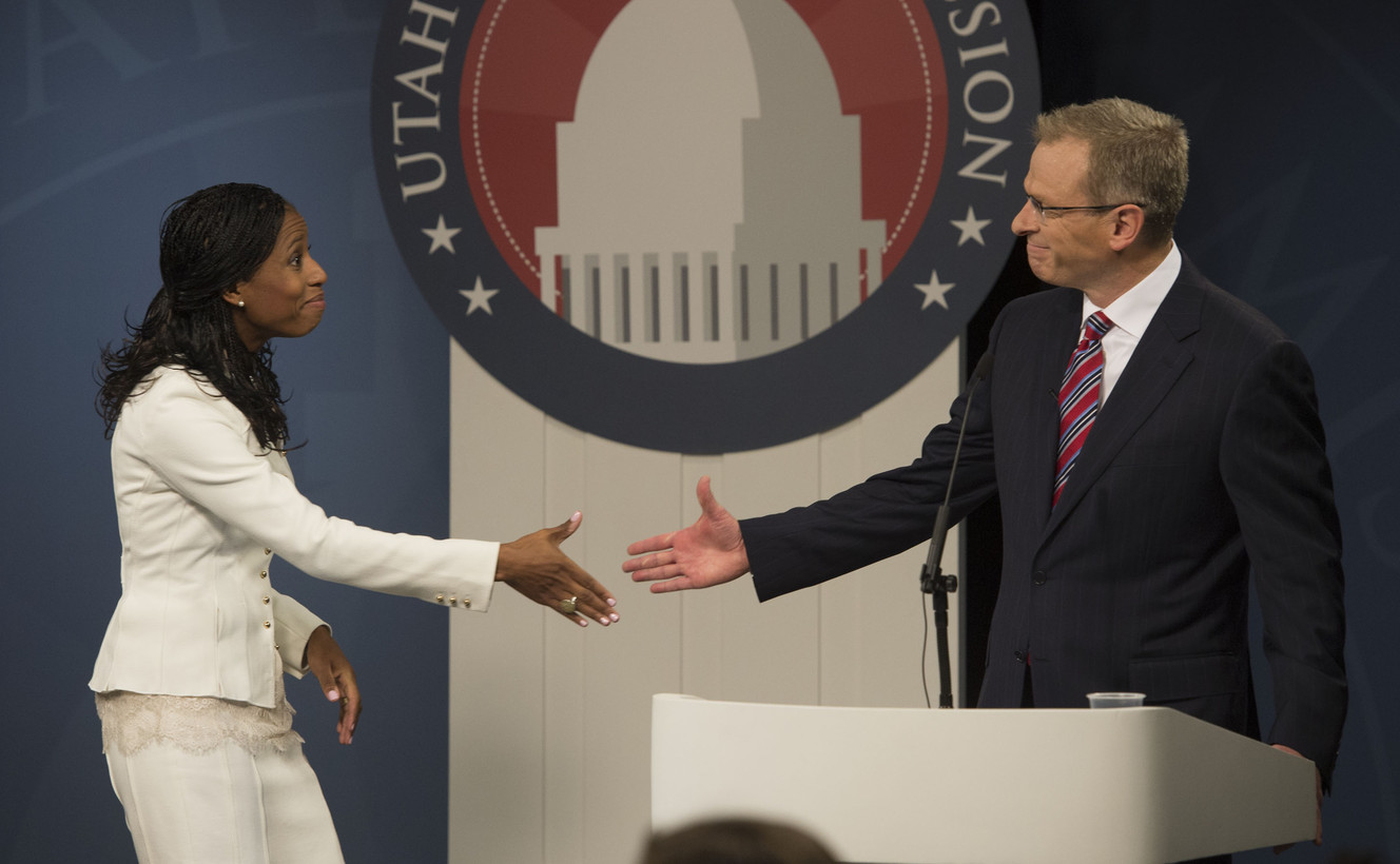 Mia Love shakes hands with Doug Owens following a debate at the Dolores Dora Eccles Broadcast Center on the University of Utah campus in Salt Lake City on Tuesday, Oct. 14, 2014. (Photo: Steve Griffin/Salt Lake Tribune/Pool)