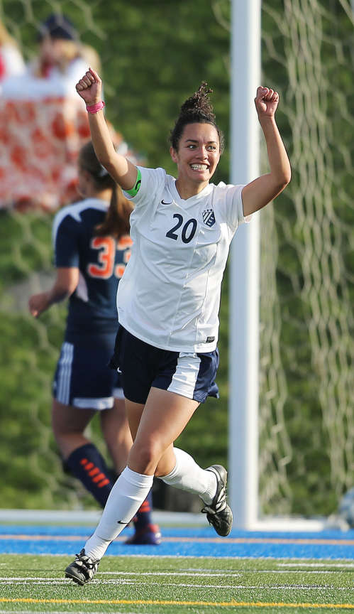 Timpanogos' Jordyn Chung-Hoon celebrates a goal as Mountain Crest and Timpanogos play Tuesday, Oct. 21, 2014, in semifinal action at Juan Diego High school in Sandy. Timpanogos won 5-3. (Photo: Scott G Winterton/Deseret News)
