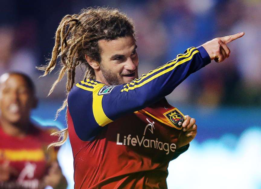 RSL's Kyle Beckerman celebrates after scoring against Chivas USA play Oct. 22, 2014, at Rio Tinto Stadium in Sandy. After a month on international duty, Beckerman will return to Real Salt Lake on Tuesday. (Photo: Scott G Winterton/Deseret News)