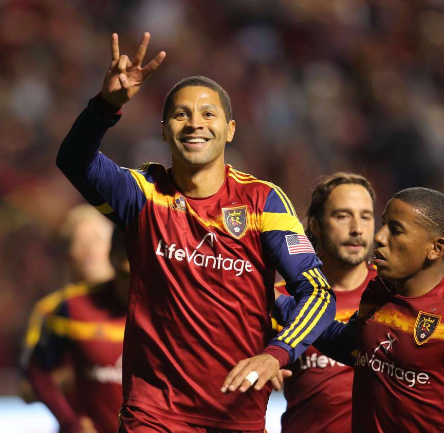 RSL's Alvaro Saborio celebrates hitting a penalty kick as Real Salt Lake and Chivas USA play Wednesday, Oct. 22, 2014, at Rio Tinto Stadium in Sandy. (Photo: Scott G Winterton/Deseret News)