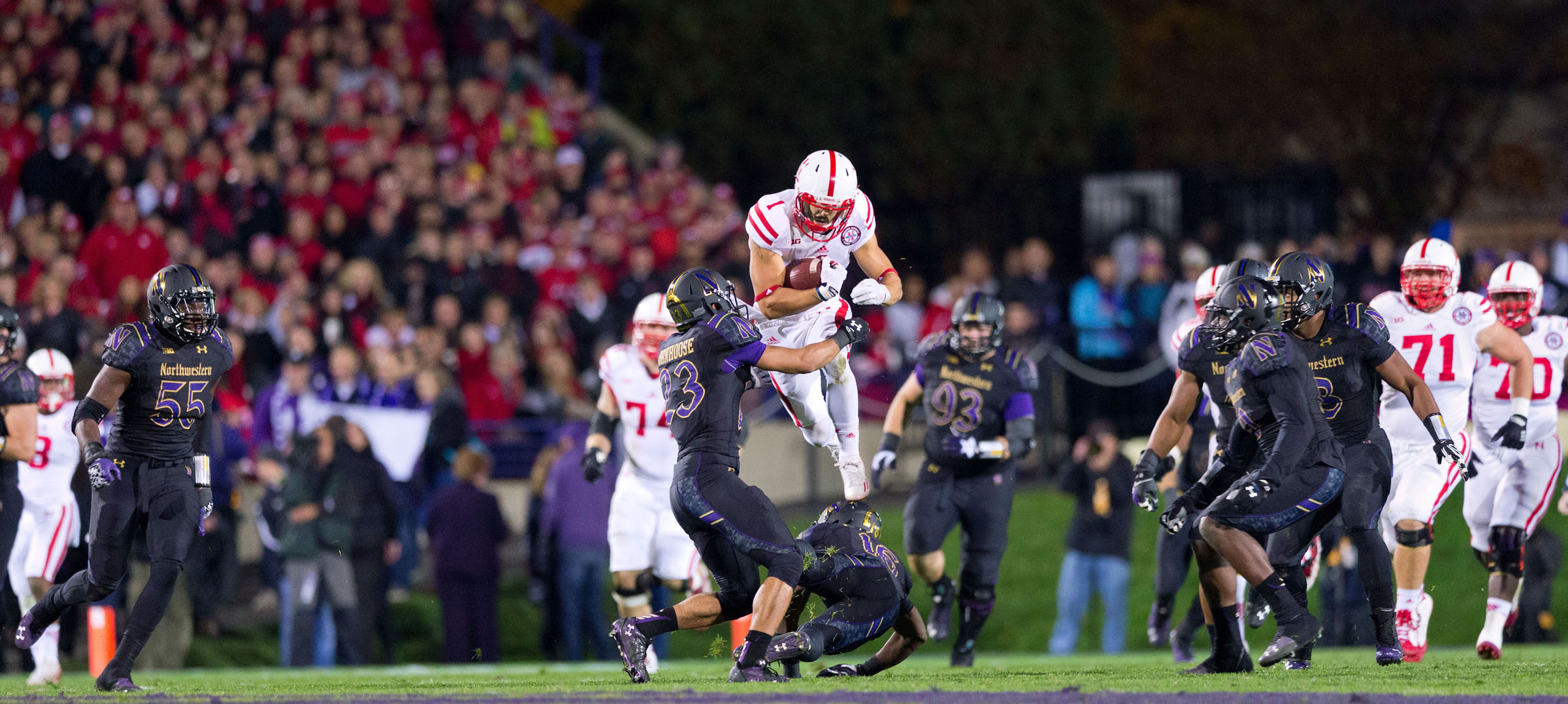 Nebraska receiver Jordan Westerkamp (1) leaps over Northwestern defender Godwin Igwebuike (16) during a game last year. (AP file photo)