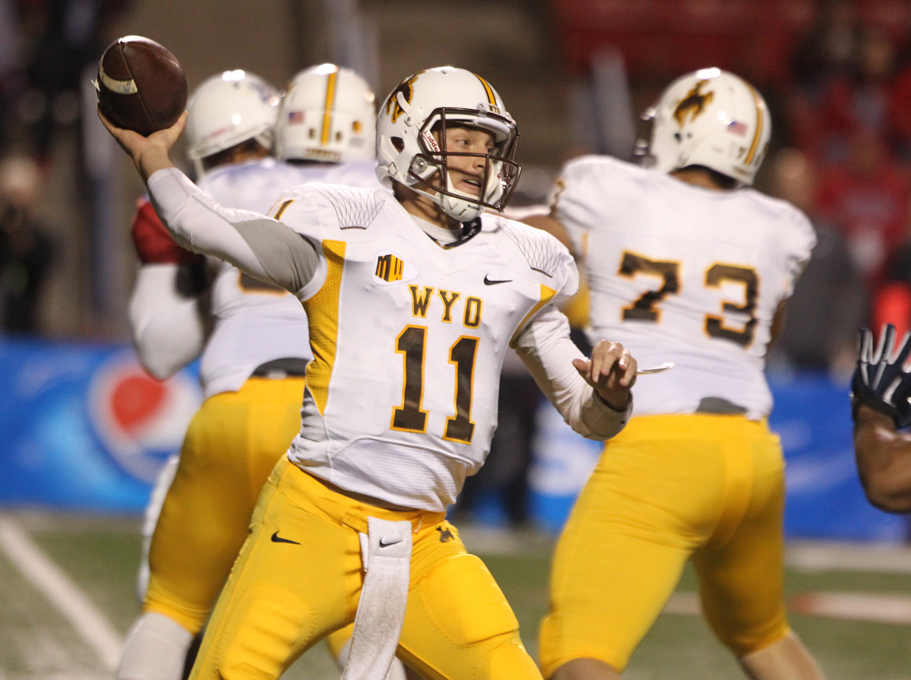 Wyoming's Colby Kirkegaard throws down field against Fresno State in the first half of an NCAA college football game in Fresno, Calif., Saturday, Nov. 1, 2014. (AP Photo/Gary Kazanjian)