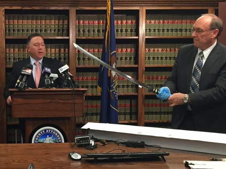 Another question that has surrounded the case is what kind of sword Darrien Hunt actually had. On Monday, an investigator held up Hunt's sword to the media to let them see it firsthand. (Photo: Paul Nelson/KSL.com)