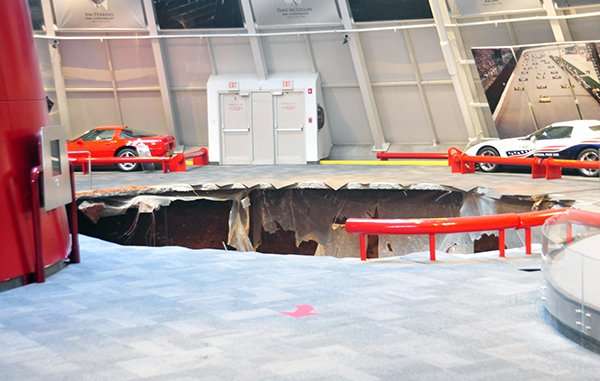 Eight Corvettes fell into a sinkhole that opened up beneath a section of the National Corvette Museum in Kentucky on Wednesday, February 12, 2014. (Photo: National Corvette Museum)
