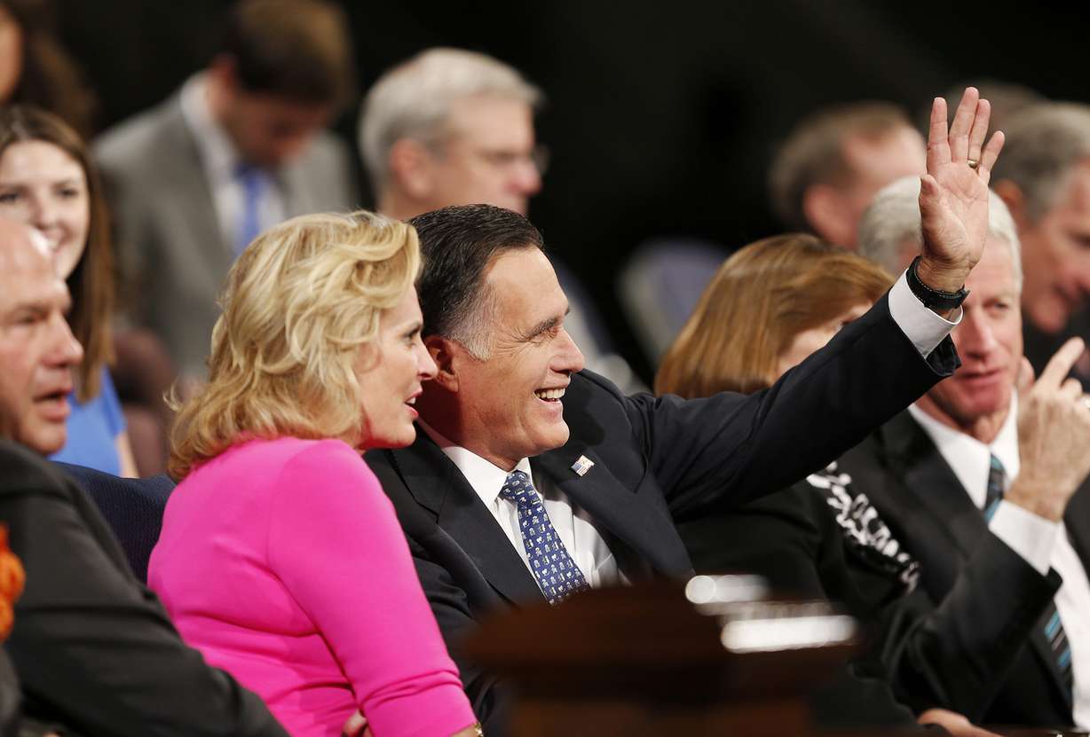 Mitt Romney and wife Ann wave to friends prior to speaking to students at Brigham Young University in Provo Tuesday, Nov. 18, 2014. (Photo: Jeffrey D. Allred, Deseret News)