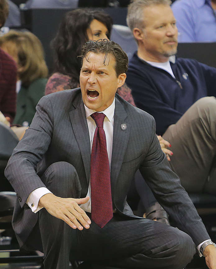 Utah Jazz Head Coach Quin Snyder yells out at a referee as the Jazz and the Cavaliers play Wednesday, Nov. 5, 2014, at EnergySolutions Arena in Salt Lake City. (Scott G Winterton, Deseret News)