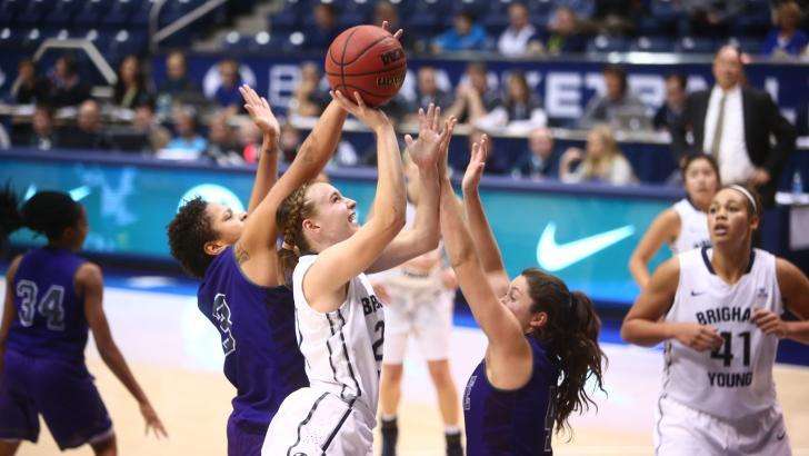 BYU guard Lexi Eaton drives to the rim against Weber State during BYU's women's basketball team's 64-53 home win Tuesday night. (BYU Photo)