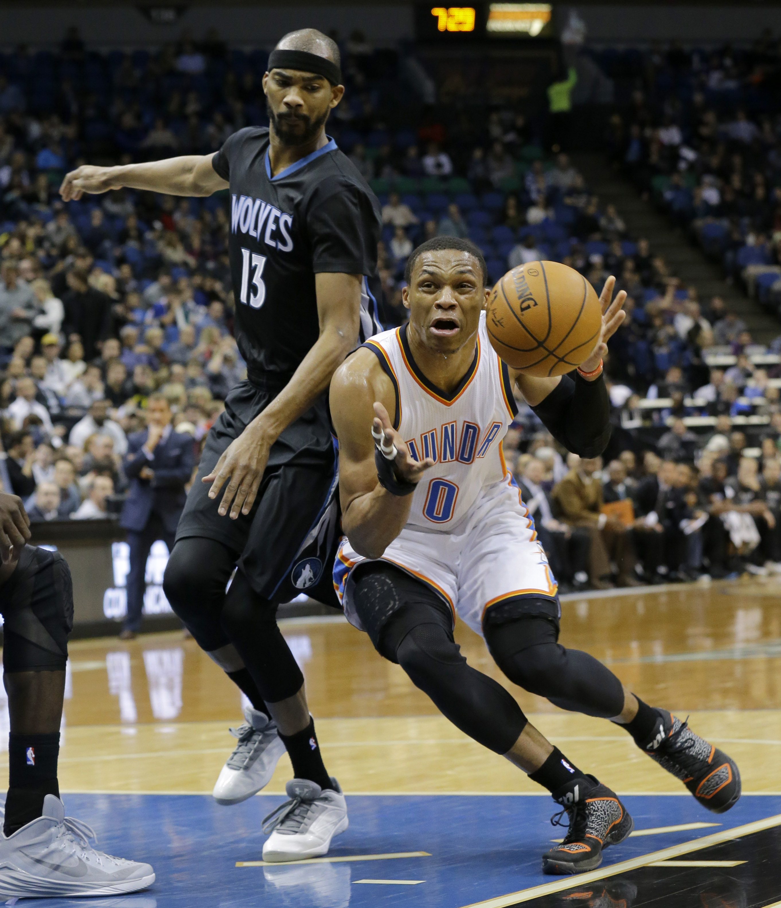 Westbrook's 34 help Thunder beat Wolves, 111-92