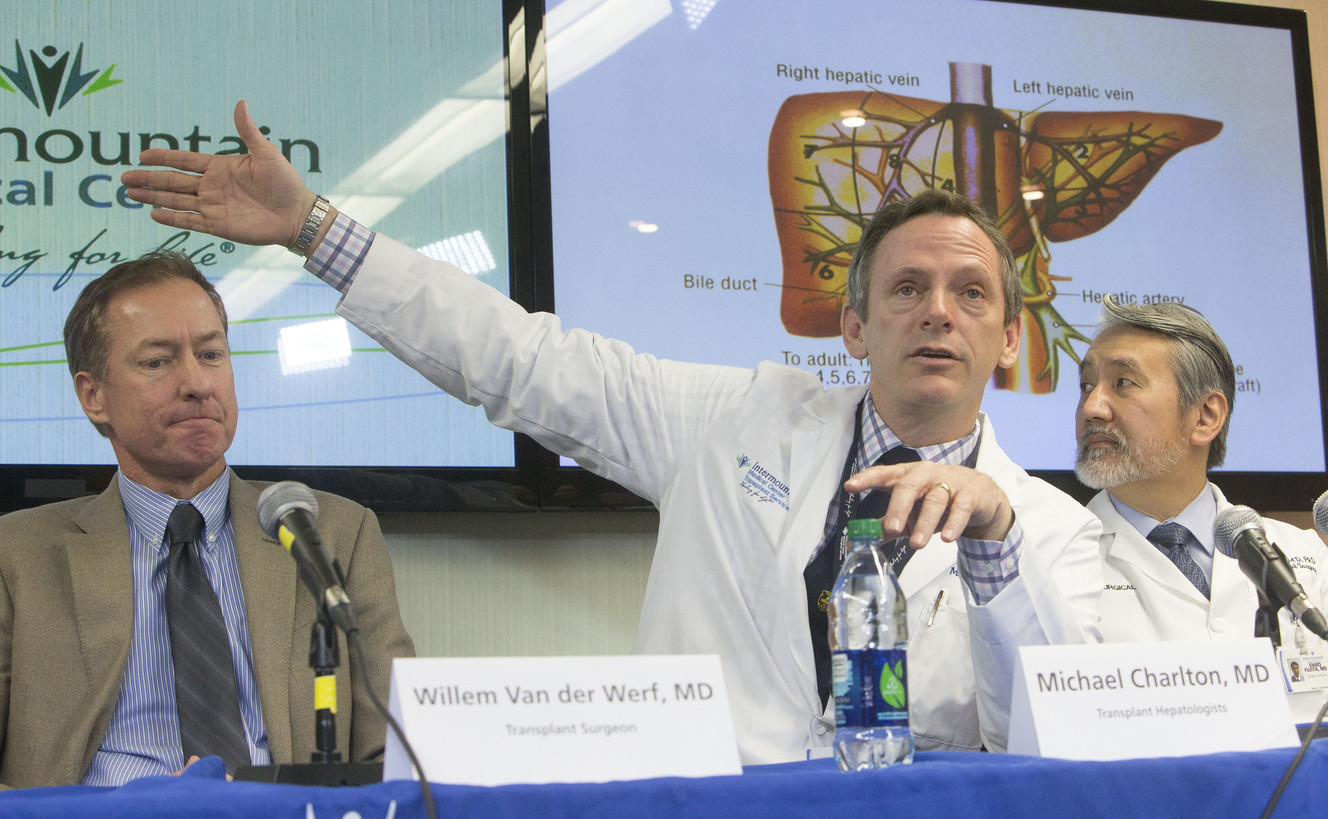 Dr. Michael Charlton and other doctors discuss Tuesday, Dec. 16, 2014, a living transplant procedure they performed on Betty Garcia and her daughter Rachel Garcia-Trujillo, during a press conference at Intermountain Medical Center in Murray. (Photo: Scott G Winterton, Deseret News)
