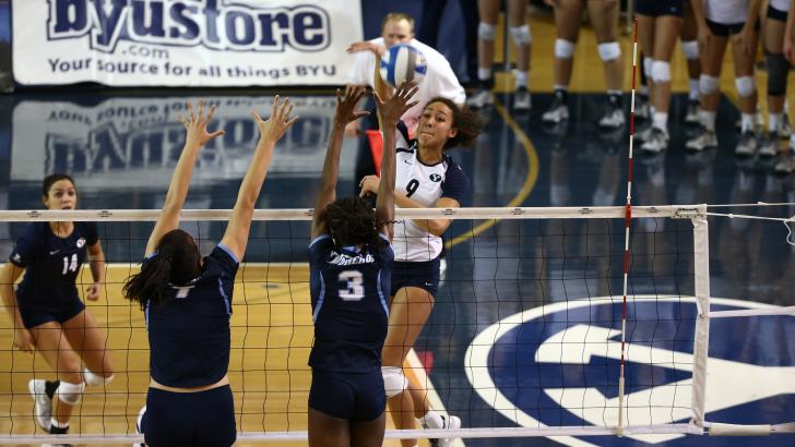 Alexa Gray puts down a kill for the BYU women's volleyball team in a match against the University of San Diego last year. (Mark Philbrick/BYU Photo)