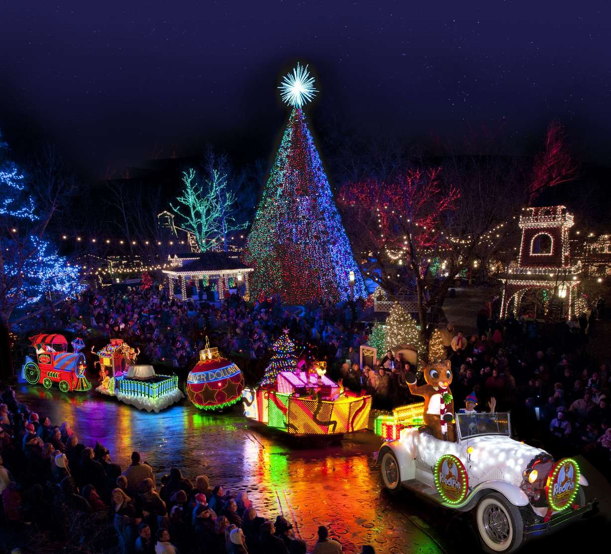 An Old Time Christmas in Branson, Missouri, is home to the 5-Story Special Effects Christmas Tree that features 350,000 LEDs synchronized with Christmas music. Photo: Silver Dollar City