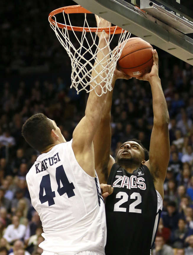 BYU's Corbin Kaufusi tries to make a block against Gonzaga in a college basketball game at the Marriott Center on Saturday, Dec. 27, 2014. Gonzaga won, 87-80. (Hugh Carey/Deseret News)