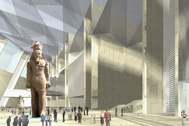 The Grand Egyptian Museum, halfway between the Pyramids of Giza and Cairo, will hold 100,000 ancient artifacts covering more than 7,000 years of history. (From Heneghan Peng Architects)