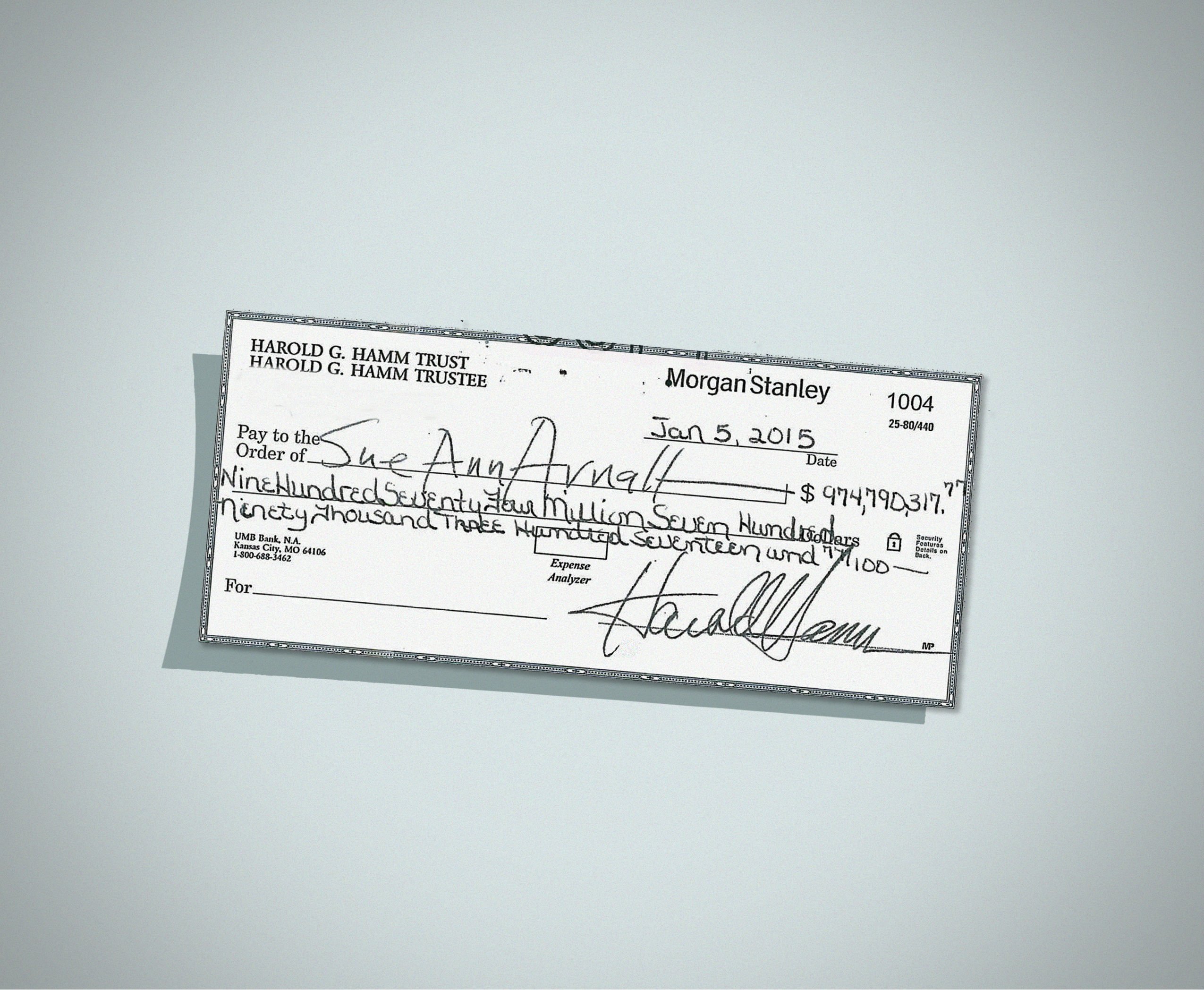 Sue Ann Arnall rejected her ex-husband Harrold Hamm's divorce settlement check. The check amount, written for nearly $1 billion dollars, was agreed upon in November, 2014, but Arnall argues she is entitled to more. (District Court, Oklahoma County)