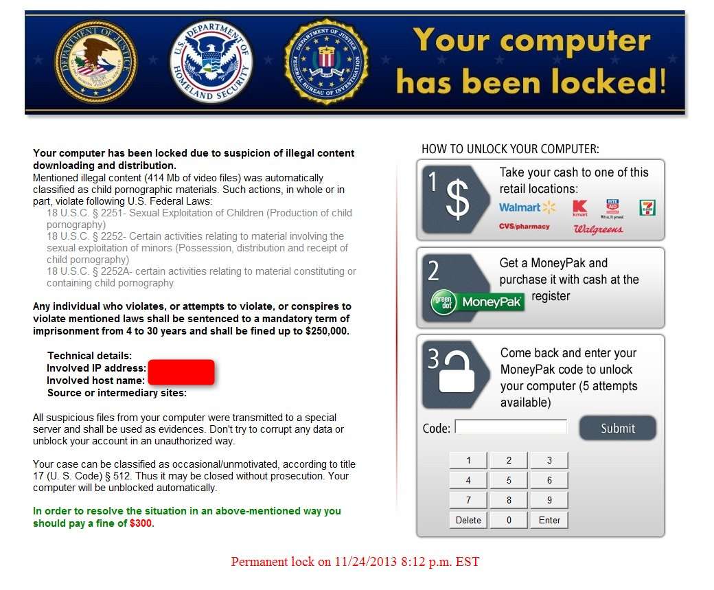 Between Dec. 31, 2014 and Jan. 5, 2015, The Huffington Post and several major websites displayed malware-laced advertisements that infected computers and locked them down. Infected computers got this scary-looking message. It's a ransomware scam. (Photo courtesy Cyphort)