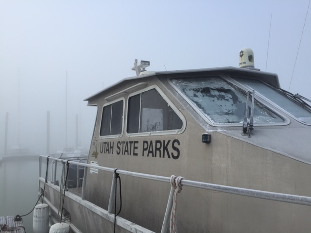 The boat used by Utah State Parks and Division of Wildlife officials to patrol the brine shrimp boats. Photo Credit: Faith Heaton Jolley