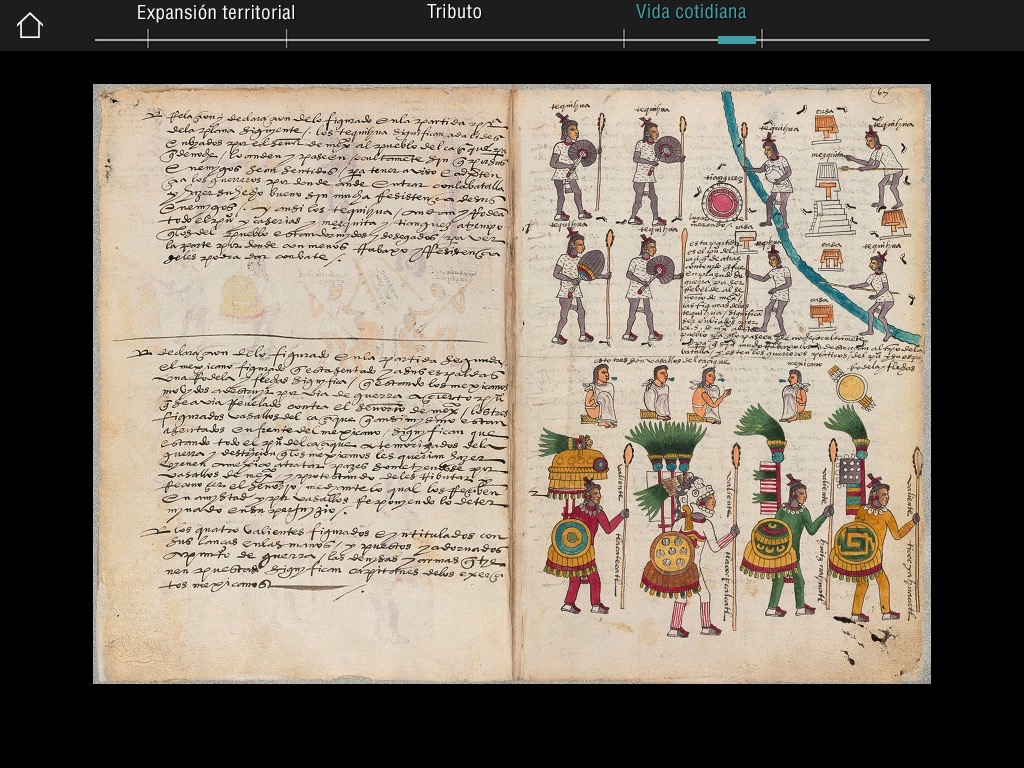 This image made from the screen of a mobile device on Thursday, Jan. 15, 2015 shows the The Codex Mendoza app with a page from the 16th century document that is considered one of the most important primary sources on the Aztecs of pre-Columbian Mexico. The interactive document, released on Thursday by Mexico's National Institute of Anthropology (INAH), lets users mouse-over the old Spanish text for translations into English or modern Spanish, and click on images for richer explanations and explore maps of the area. The original was compiled by Aztec and Spanish artisans to inform the king of Spain about conditions in the viceroyalty. (AP Photo)
