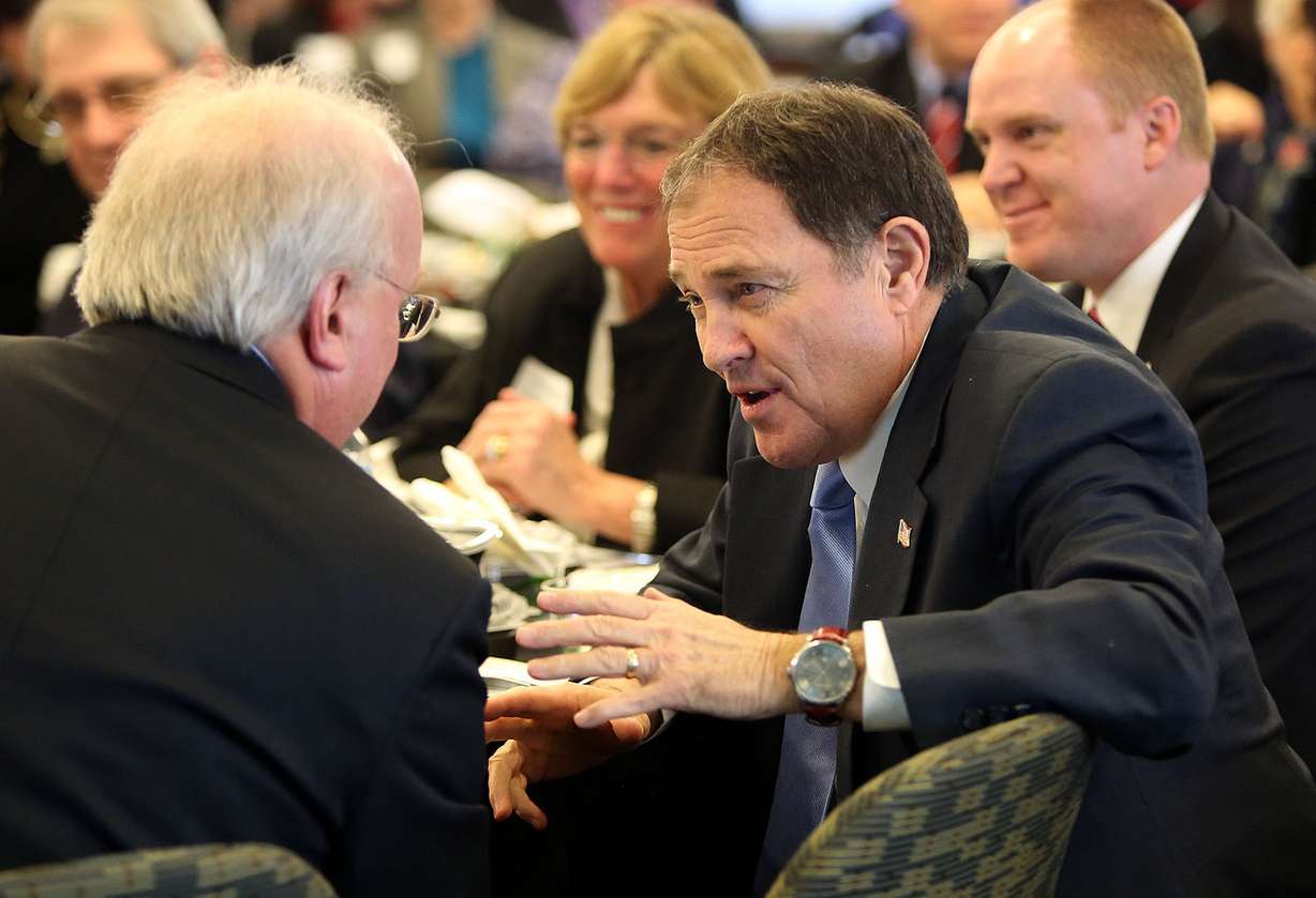 Karl Rove, former deputy chief of staff and senior adviser to President George W. Bush, chats with Gov. Gary Herbert during the sixth annual Legislative Policy Summit at the Zions Bank building in Salt Lake City on Friday, Jan. 16, 2015. (Photo: Kristin Murphy, Deseret News)