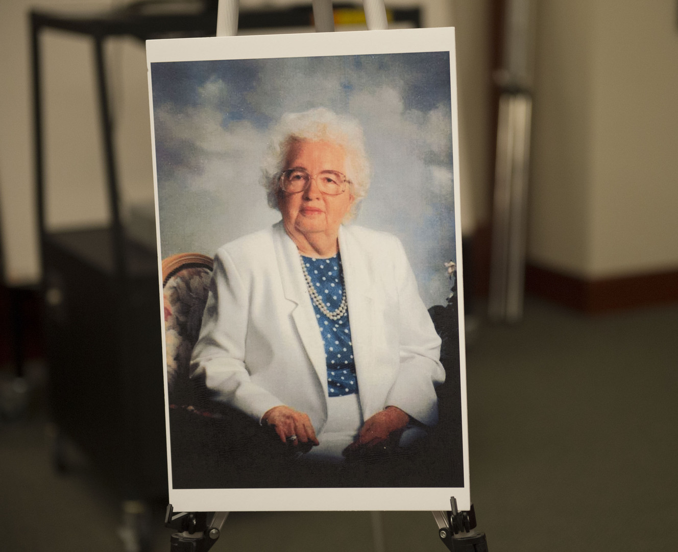 A photograph of 84-year-old Shirley Sharp is on display in Judge Randall N. Skanchy's courtroom at the Matheson Courthouse in Salt Lake City, Tuesday, Jan. 20, 2015, during sentencing of Christen Spencer. Judge Skanchy sentenced Spencer to life in prison without the possibility of parole for killing Sharp and setting her house on fire to cover up the crime. (Photo: Steve Griffin/The Salt Lake Tribune/Pool)