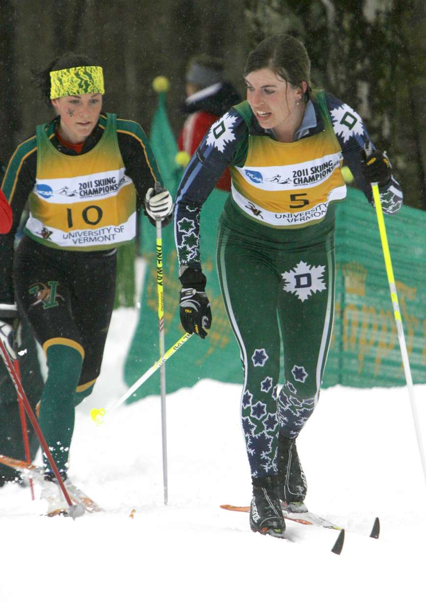 Rosie Brennan of Dartmouth College (5) leads Amy Glen of the University of Vermont in the Women's 15K Classic race at the NCCA Ski Championships on Friday, March 11, 2011 in Stowe, Vt. Brennan finished seventh and Glen finished sixth. (AP Photo/Toby Talbot)