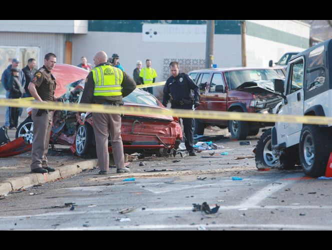Law enforcement in Tooele investigate a multiple car accident Monday, Feb. 2, 2015, after a car was stolen and a chase ensued. (Scott G Winterton, Deseret News)