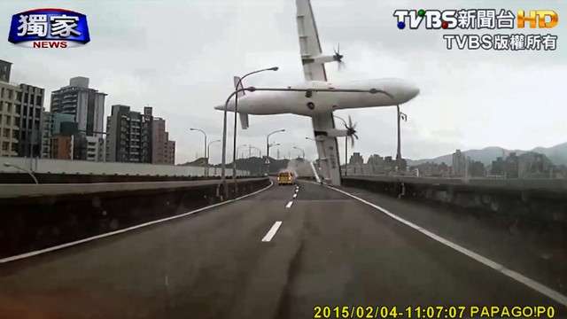 A passenger plane clipped a bridge and plunged into a river in Taiwan on Wednesday, killing at least 21 people. Rescuers scrambled to pull survivors from the submerged wreck of the twin engine turboprop aircraft, which went down shortly after takeoff from the Taiwanese capital. Fifty eight people were aboard TransAsia Airways ATR-72 when it veered out of control as it flew to Kinmen, off the coast of the Chinese province of Xiamen. (TVBS)