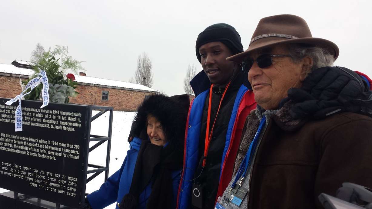 Left to right: Eva Mozes Kor (Auschwitz), Habimana Twamu Emmanuel (Rwanda Genocide Survivor), and Stanley Kalmanovitz (Auschwitz survivor). Photo courtesy of Marlissa Hardman