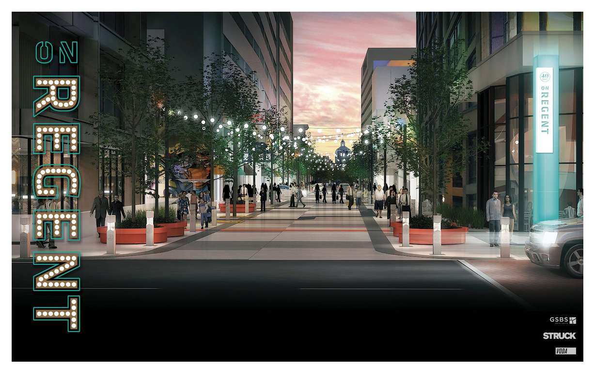 Artist rendering of view from 100 South of proposed Regent Street redevelopment project aimed at making the mid-block connector between City Creek and the Gallivan Center a place to “gather, discover and connect.” (Photo: Salt Lake City)