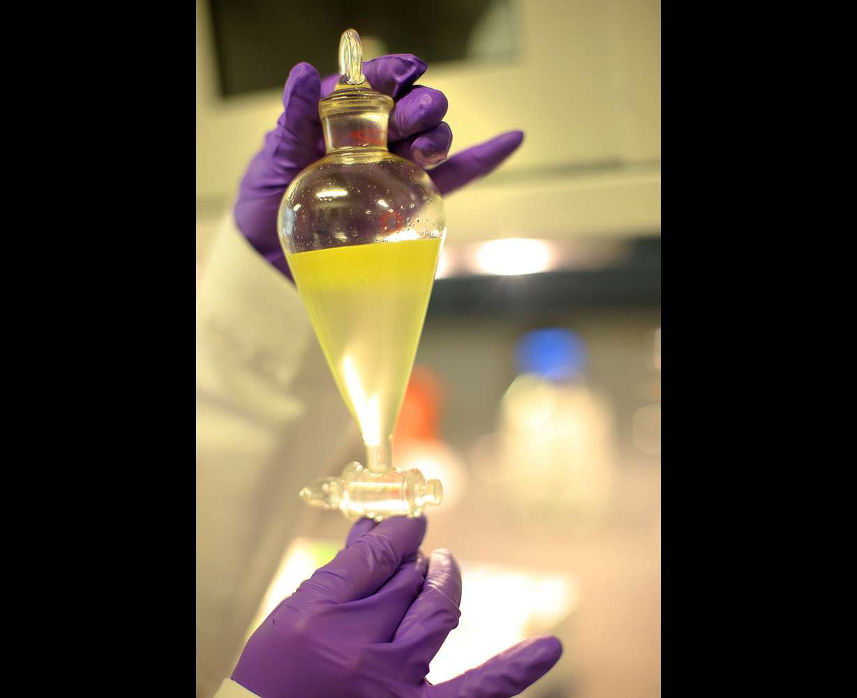 Wei Gao, Ph.D., separates the liquids of a turmeric extract at Nature's Sunshine in Lehi on Friday, Feb. 27, 2015. (Photo: Laura Seitz, Deseret News)