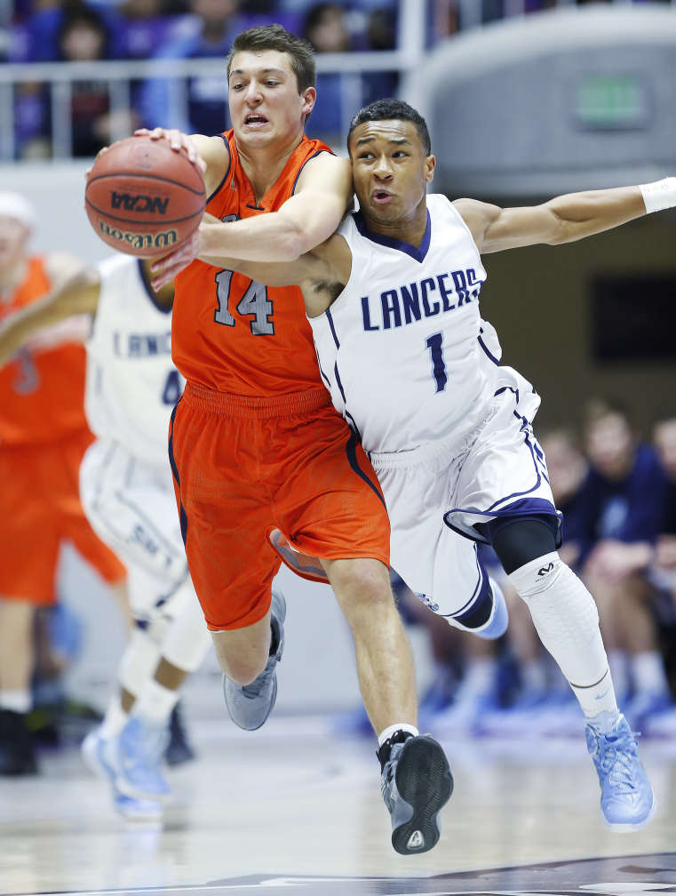 Julian Blackmon of Layton forces one of Brighton's 17 turnovers during the Class 5A state championship game in Ogden Saturday, Feb. 28, 2015. Layton won the state title. (Jeffrey D. Allred/Deseret News)