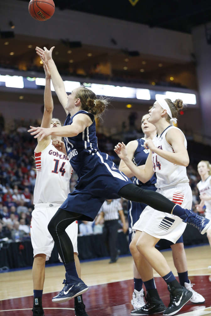 BYU guard Lexi Eaton (21) shoots over Gonzaga Bulldogs forward Sunny Greinacher (14) during the West Coast Conference Basketball Championships semi-final game in Las Vegas Mar 9, 2015. (Jeffrey D. Allred/Deseret News)