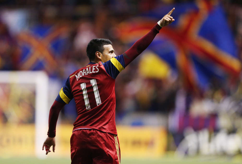 Real Salt Lake midfielder Javier Morales (11) celebrates his goal against the Philadelphia Union during the season opener in Sandy on March 14, 2015. Morales, who has two goals and three assists in 2015, is questionable for RSL's match against Vancouver on Saturday. (Jeffrey D. Allred/Deseret News)