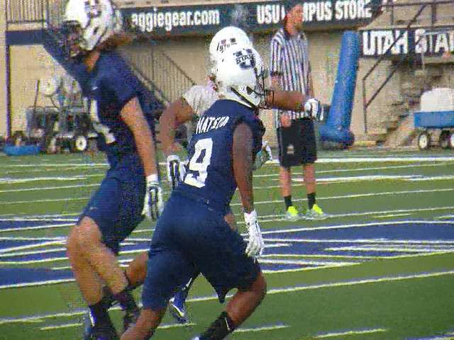 JoJo Natson runs drills during the first day of spring camp at Utah State in Logan on Monday. (Photo: Matt Glade/KSL-TV)