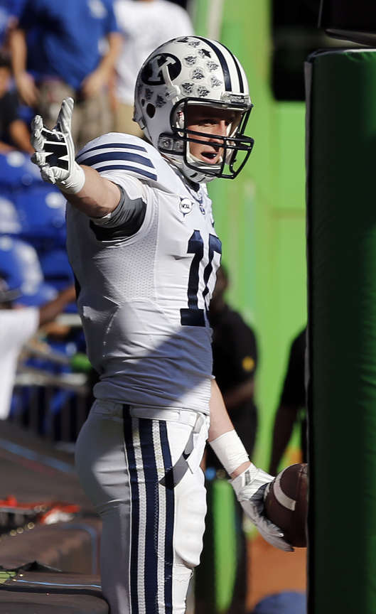 BYU's Mitch Mathews celebrates a touchdown against Memphis during the Miami Beach Bowl on Monday, Dec. 22, 2014. (Ravell Call/Deseret News)