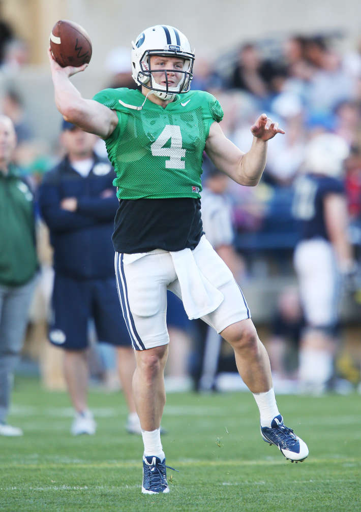 BYU quarterback Taysom Hill (4) throws a pass during the Spring football game in Provo on Friday, March 27, 2015. (Jeffrey D. Allred/Deseret News)