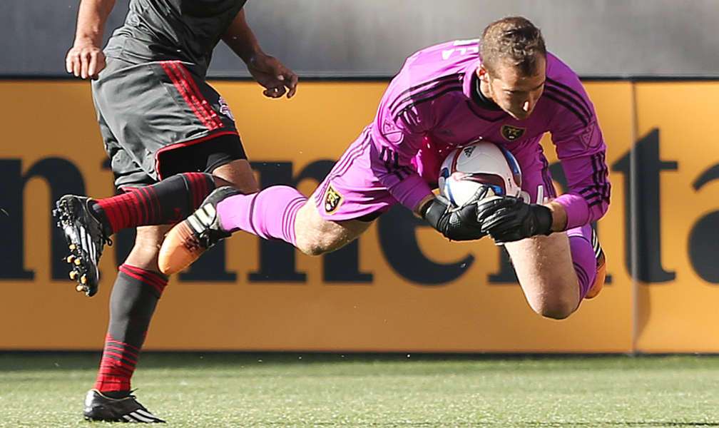Real Salt Lake goalkeeper Jeff Attinella (24) makes a save against Toronto FC in Sandy Sunday, March 29, 2015. (Jeffrey D. Allred/Deseret News)