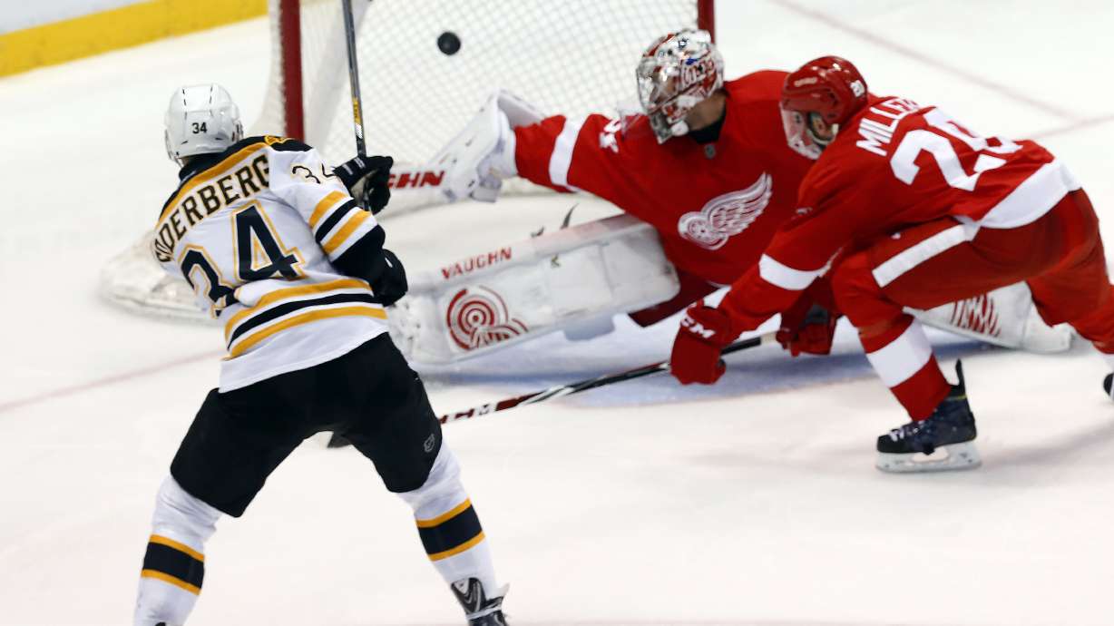 Trotman's 1st NHL goal leads Bruins past Red Wings 3-2