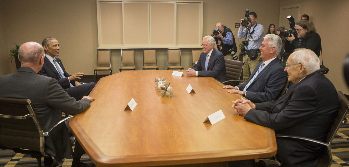 President Barack Obama meets with LDS Church leaders President Henry B. Eyring, Elder D. Todd Christofferson, President Dieter F. Uchtdorf and Elder L. Tom Perry after arriving at the Sheraton Hotel on Thursday, April 2, 2015, in Salt Lake City. (Photo: Scott G Winterton, Deseret News)