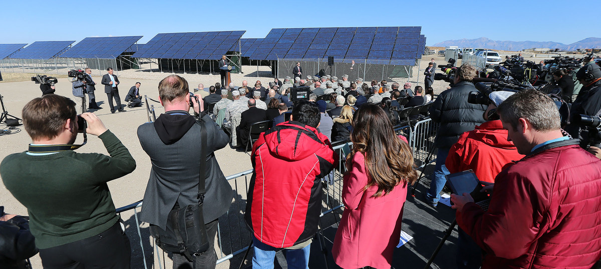 President Barack Obama announces a renewable energy plan Friday, April 3, 2015, at a solar field at Hill Air Force Base in Ogden Utah. (Scott G Winterton/Deseret News)